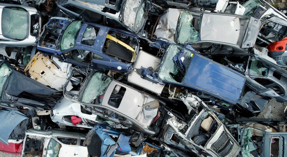 Aerial view of salvaged cars in the yard