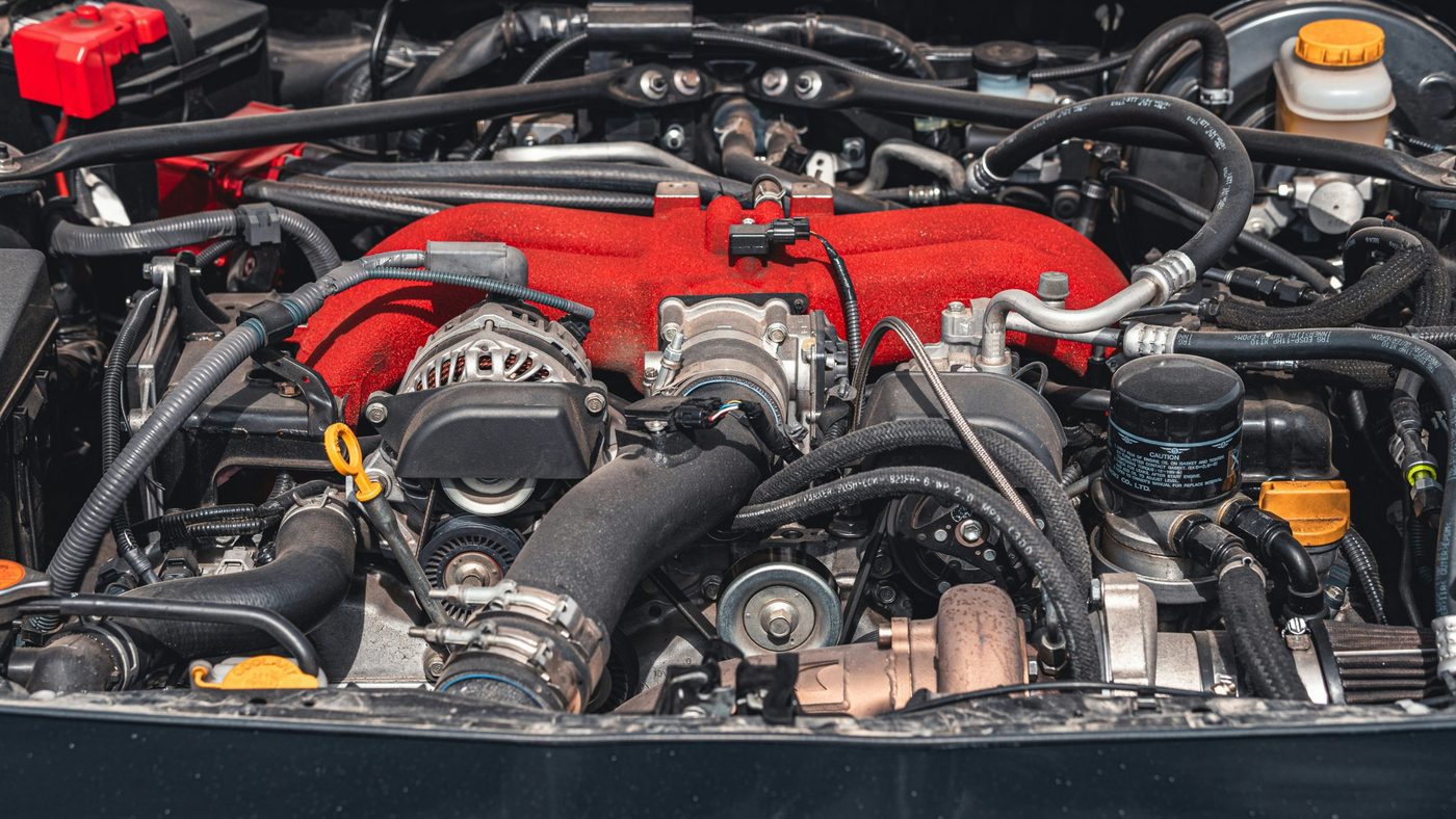 Engine bay of a salvaged car